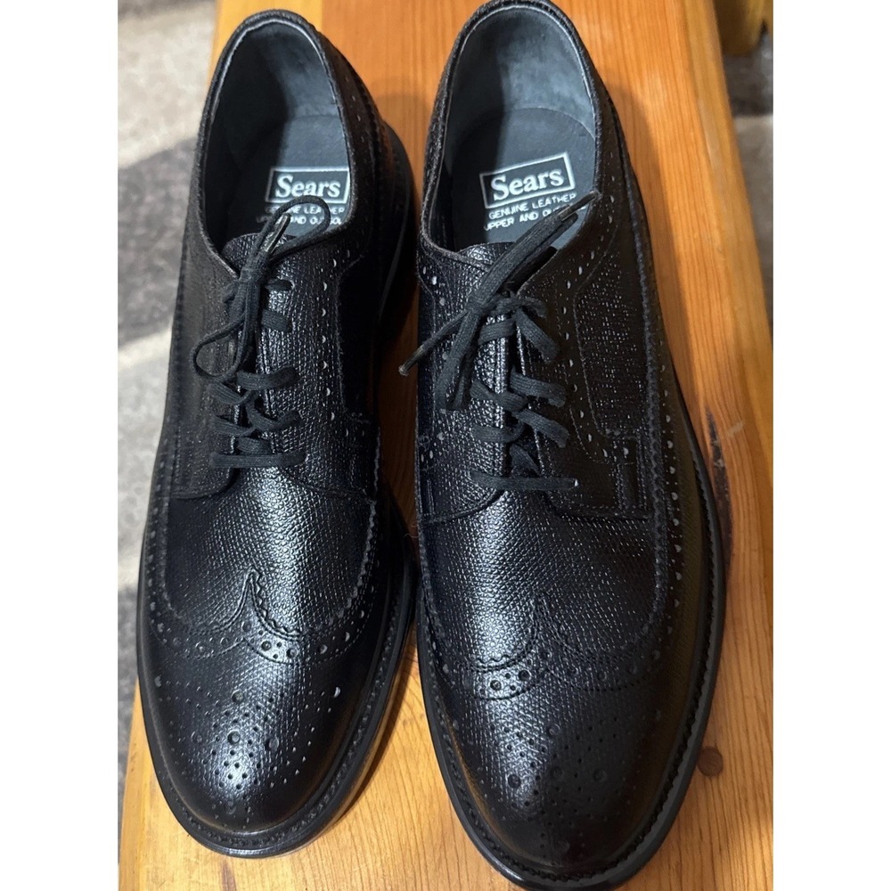 Sears Vintage Dress‎ Shoes Men's 9.5 D Wingtip Oxfords Leather Black Brogue